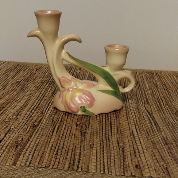 Vintage 1930s Camark Pottery Twin Candle Holder – Pink Iris Floral Art Deco US - Picture 15 of 16